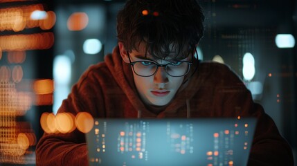 Focused young male programmer engaged in coding using laptop in a dark tech environment with glowing data visuals