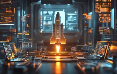 Poster - Holographic futuristic rocket over a modern office desk