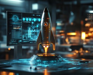 Poster - Holographic futuristic rocket on a modern office desk, surrounded by floating interactive screens, AI technology, and an advanced workspace, embodying the future of innovation
