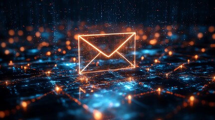 Aufkleber - 3D digital envelope icon with a holographic shine, placed above a network of interconnected nodes, representing secure data exchange and messaging in a hightech, dark setting