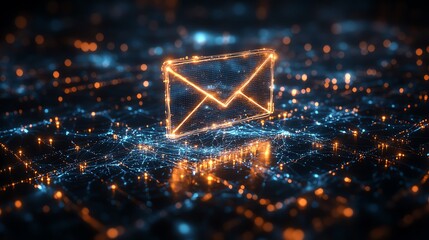 Aufkleber - 3D digital envelope icon with a holographic shine, placed above a network of interconnected nodes, representing secure data exchange and messaging in a hightech, dark setting