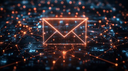 Aufkleber - 3D digital envelope icon with a holographic shine, placed above a network of interconnected nodes, representing secure data exchange and messaging in a hightech, dark setting