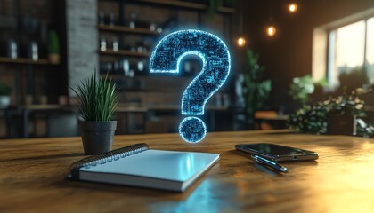 Aufkleber - 3D holographic question marks floating over a desk with a notebook, smartphone, and pen, symbolizing creative planning, innovation, and technologydriven solutions