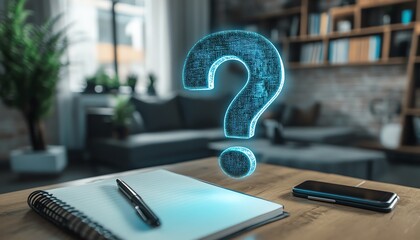 Aufkleber - 3D holographic question marks floating over a desk with a notebook, smartphone, and pen, symbolizing creative planning, innovation, and technologydriven solutions