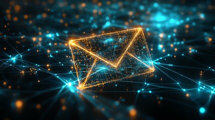 Poster - 3D rendered glowing digital envelope icon with holographic effects, hovering over a complex network of connected nodes, symbolizing secure data transfer and communication