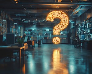 Poster - Business office with technology background featuring floating question mark holograms, symbolizing innovative solutions, challenges, and business strategy in a modern digital world
