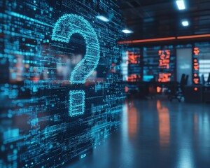 Poster - Business office with technology background featuring floating question mark holograms, symbolizing innovative solutions, challenges, and business strategy in a modern digital world