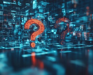 Poster - Business office with technology background featuring floating question mark holograms, symbolizing innovative solutions, challenges, and business strategy in a modern digital world