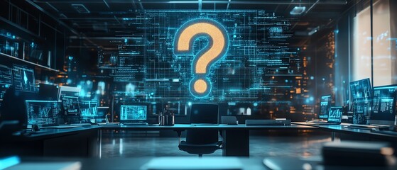 Aufkleber - Business workspace with futuristic question mark holograms floating above a sleek desk