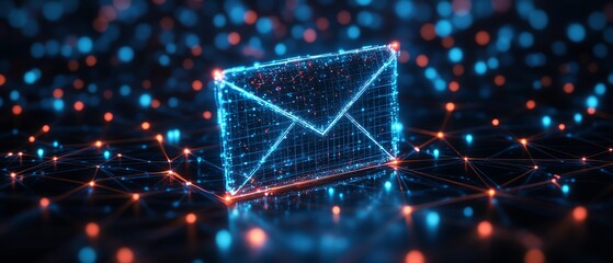 Aufkleber - futuristic 3d digital envelope icon with holographic glow, set against a dark network of connected n