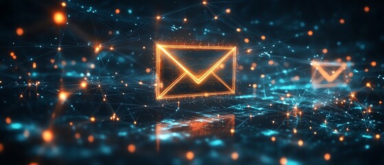 Aufkleber - futuristic 3d digital envelope icon with holographic glow, set against a dark network of connected n