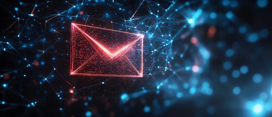 Aufkleber - Futuristic 3D digital envelope icon with holographic glow, set against a dark network of connected nodes, representing secure messaging and data protection