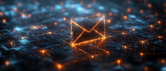 Aufkleber - Futuristic digital envelope icon with a holographic glow, placed over a dark networked background with glowing nodes, 3D rendering representing secure digital messaging