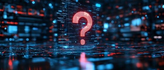 Fototapete - Hightech business workspace featuring floating question mark holograms on a digital background, symbolizing business challenges, solutions, and modern technology integration