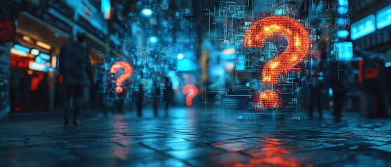 Fototapete - Hightech business workspace featuring floating question mark holograms on a digital background, symbolizing business challenges, solutions, and modern technology integration