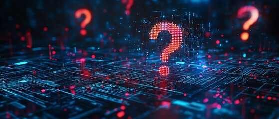 Fototapete - Hightech business workspace featuring floating question mark holograms on a digital background, symbolizing business challenges, solutions, and modern technology integration