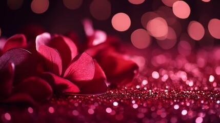 Poster - Red flower petals on a dark background with bokeh lights, creating a festive atmosphere for a Valentine's Day celebration.