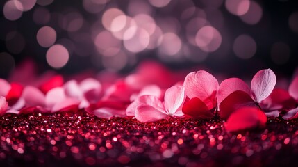 Poster - Red flower petals on a dark background with bokeh lights, creating a festive atmosphere for a Valentine's Day celebration.