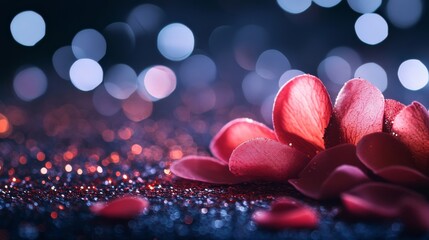 Poster - Red flower petals on a dark background with bokeh lights, creating a festive atmosphere for a Valentine's Day celebration.