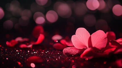 Poster - Red flower petals on a dark background with bokeh lights, creating a festive atmosphere for a Valentine's Day celebration.