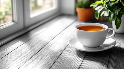 Wall Mural - Sunlit teacup, windowsill, plants, morning calm, home