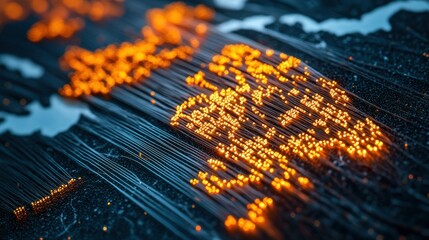 Global network data flow, fiber optic cables, world map background, technology concept