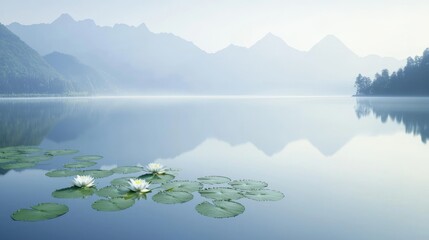 Wall Mural - Serene Silvery Water Lilies Blooming Across Tranquil Lake Landscape