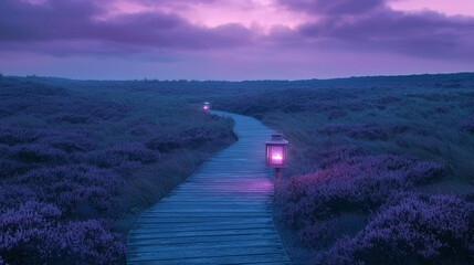 Wall Mural - Tranquil Twilight Moor with Lanterns beside Wooden Pathway