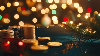 Poster - 3D casino background with golden coins and poker chips on a table.