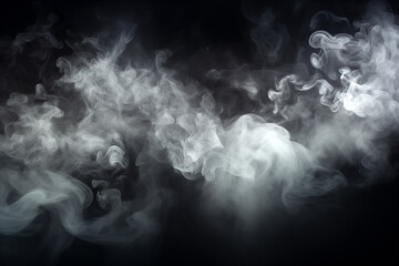 Wall Mural - smoke clouds, steam mist fog and white foggy vapor. realistic smoke particles isolated on black back