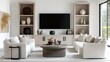 © Samsunnaher - Neutral Living Room Design: Modern Interior with White Sofas, Built-in Shelves, TV, and Round Coffee Table for Elegant Home Decor Ideas