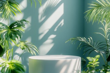 Wall Mural - Tropical display pedestal, sunlight, greenery, studio, product showcase