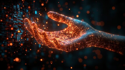 Glowing hand holding digital data; dark background; tech concept