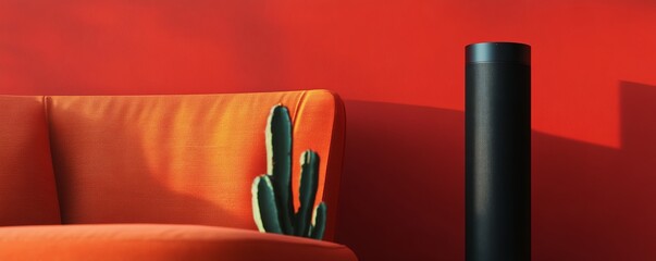 Poster - Orange couch, cactus, speaker, red wall, sunlit room