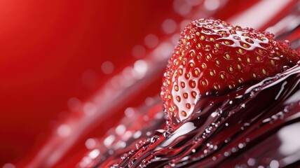 Wall Mural - Close-up of strawberry covered in glistening syrup with red background