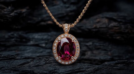 Elegant gold necklace with a ruby gemstone pendant.