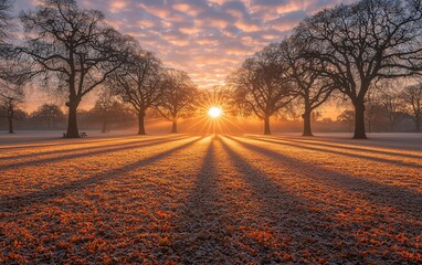 Canvas Print - Sunrise park frosty field winter sun rays