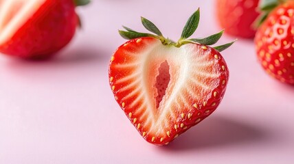 Wall Mural - Fresh halved strawberries on light pink background