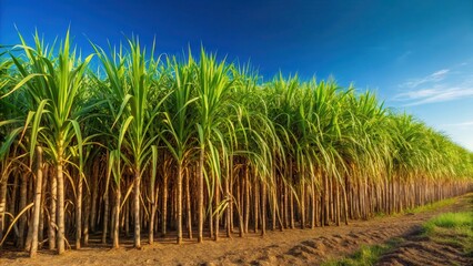 Wall Mural - Dense sugarcane plantation with tall stalks in green and brown hues against a clear blue sky backdrop