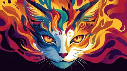 Wall Mural - Colorful Abstract Cat with Fiery Fur and Intense Eyes