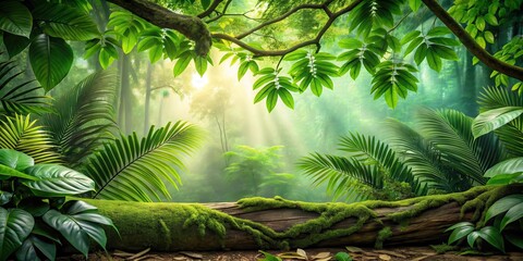 Wall Mural - Exotic jungle foliage with vibrant green leaves scattered around a large tree branch on the forest floor, flora, foliage,  flora