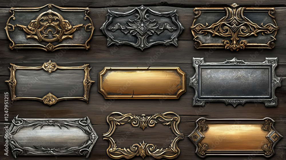 Game silver and gold buttons with fantasy frames in medieval style ...