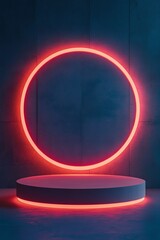 Wall Mural - Red neon circle backdrop, product display, concrete studio