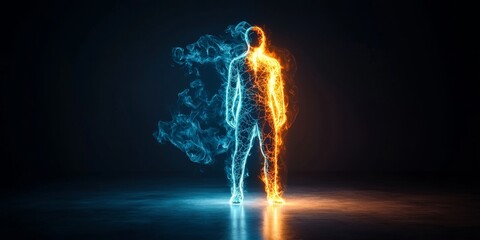 Wall Mural - burnout stress recovery concept. glowing human silhouette in blue and orange light against a dark ba