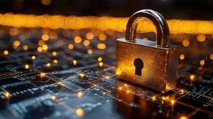Cyber Security: Digital Lock on Circuit Board.  Protecting Data and Privacy in the Digital Age