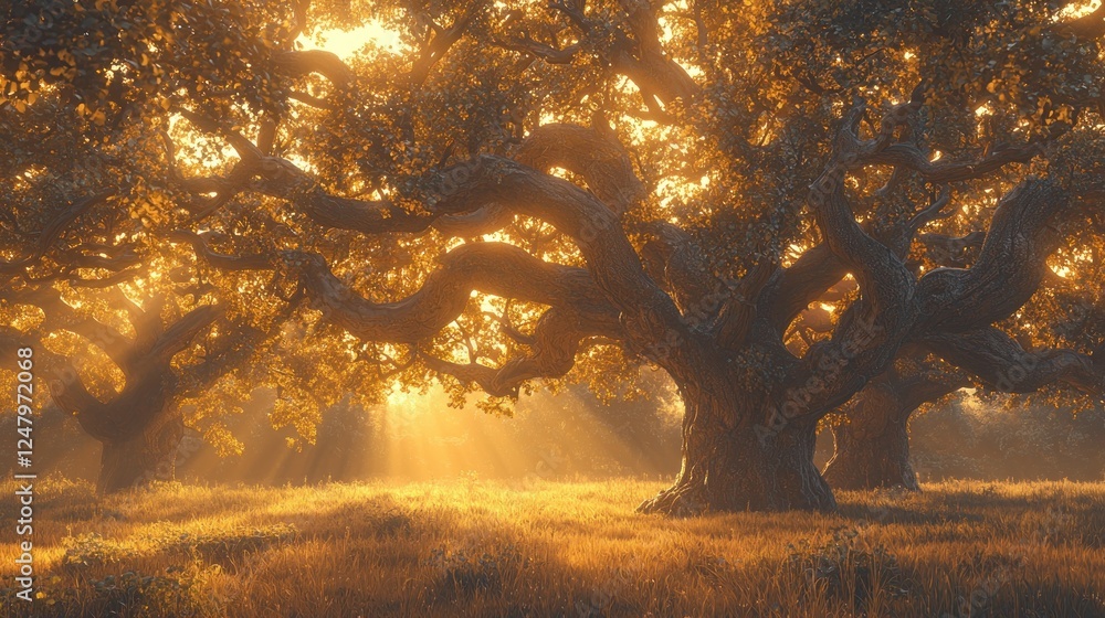 Golden sunlight through ancient oaks, misty field. Nature wallpaper ...