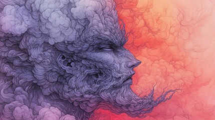 Sticker - A surreal artwork featuring a face seemingly composed of wispy clouds set against a vibrant red and orange hazy backdrop