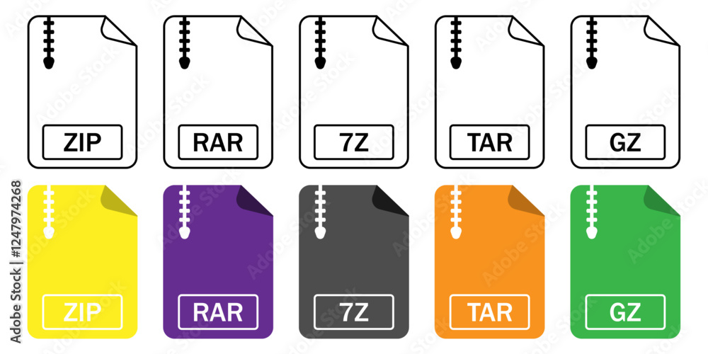 Compressed file format icons set. ZIP RAR 7Z TAR GZ symbols. Archive ...