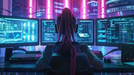 Back view cyberpunk girl working with multiple computer screen on neon lights background.Generate AI