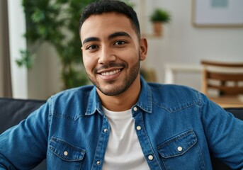 Smiling young man in casual denim attire at home